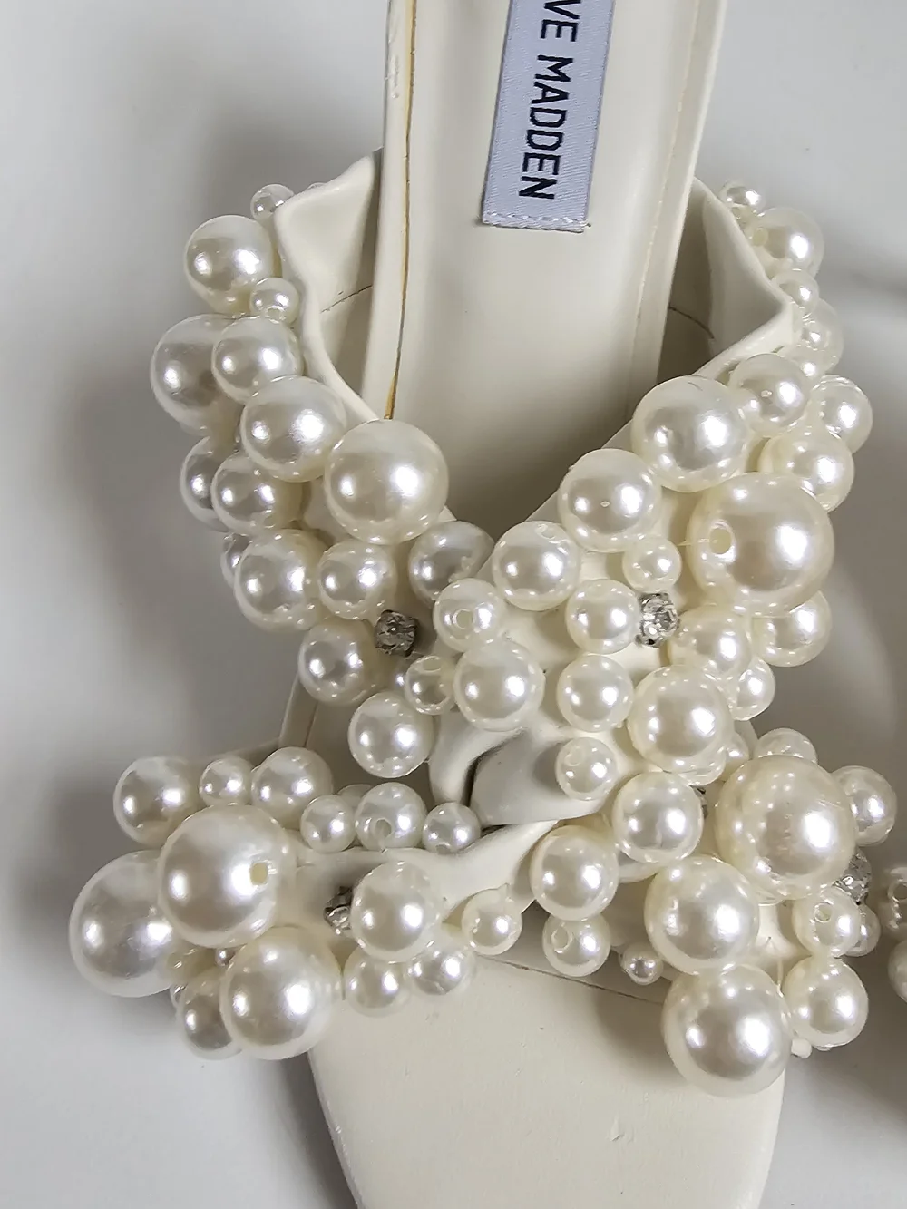 Steve Madden Ivory Pearl-Embellished High Heel Mules